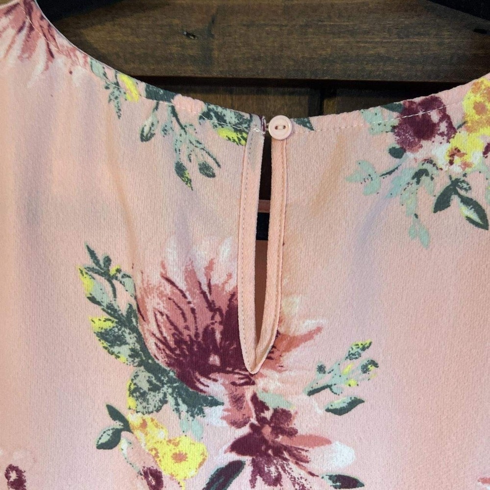 Women Pink Floral Tiered Ruffle Bell Sleeve Mini Shift Dress Large Romantic Boho - Picture 3 of 7
